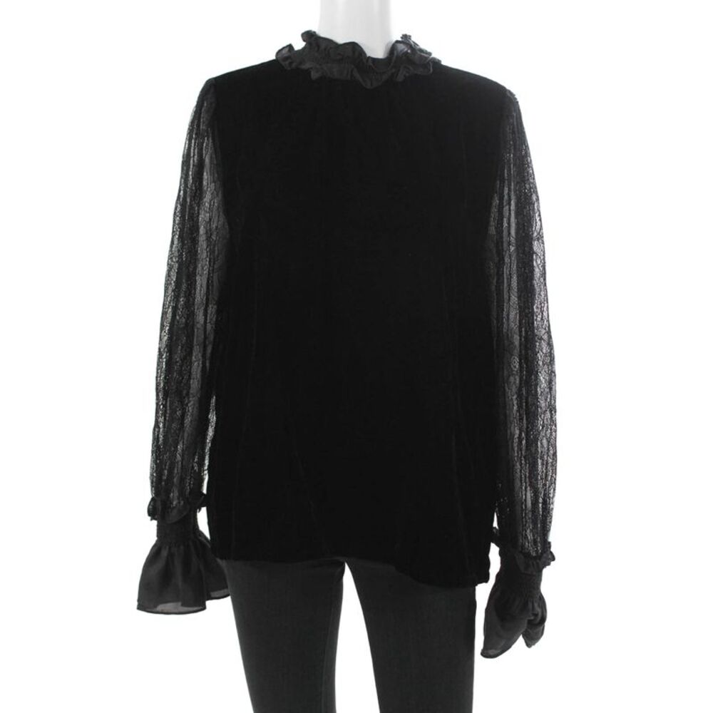 Clu Women Black Rayon High Neck Long Sleeve Button Blouse Size M